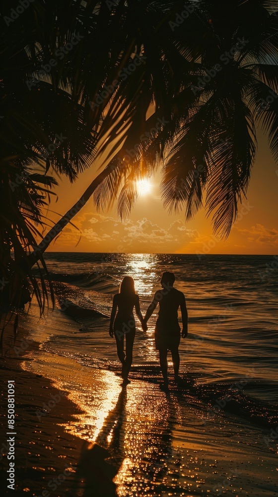 Fototapeta premium Silhouetted couple walking on beach at sunset