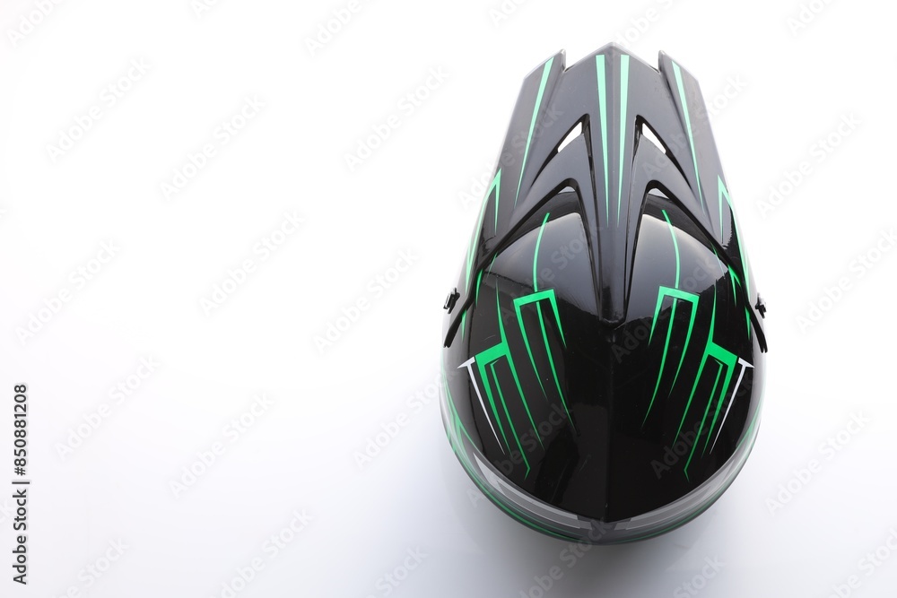 Stylish motorcycle helmet on white background, top view. Space for text Stylish motorcycle helmet on white background, top view. Space for text