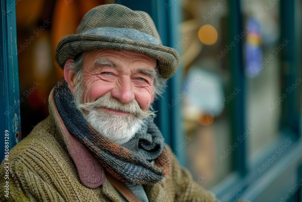 Portrait of an elderly man wearing a hat and scarf, smiling warmly by a storefront Portrait of an elderly man wearing a hat and scarf, smiling warmly by a storefront