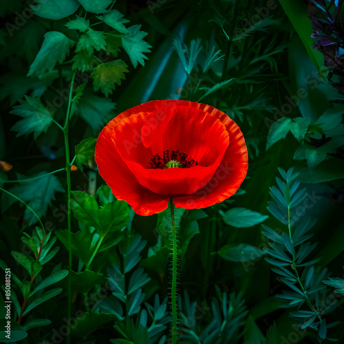 Red poppy flower in the field. wonderful sunny afternoon weather.