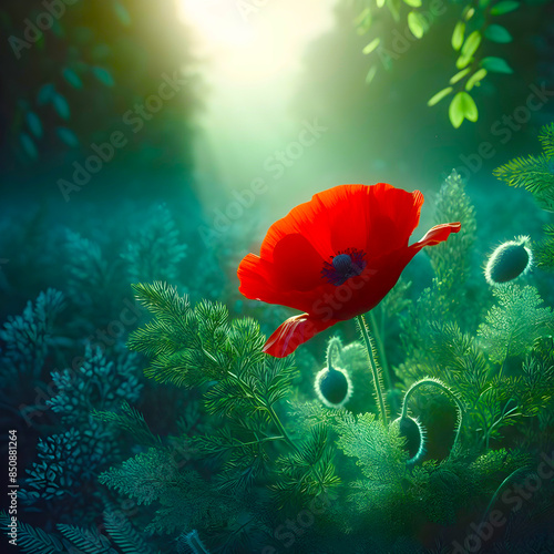 Red poppy flower in the field. wonderful sunny afternoon weather.