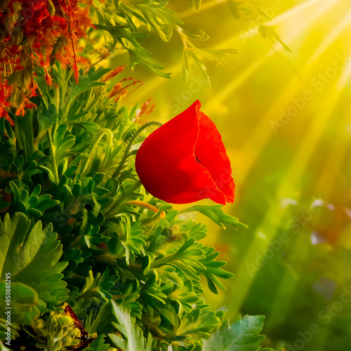 Red poppy flower in the field. wonderful sunny afternoon weather.