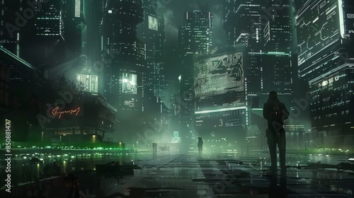 Cyberpunk Cityscape with a Lone Figure © lan