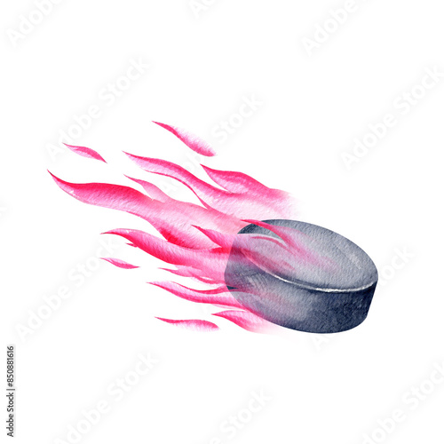Photography flying hockey puck in magenta fire, hand drawn watercolor sports equipment for i