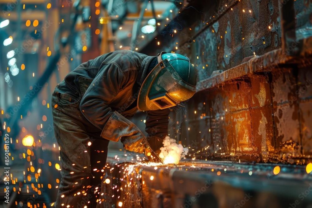Welder working on a metal structure in a factory. Welder working on a metal structure in a factory.