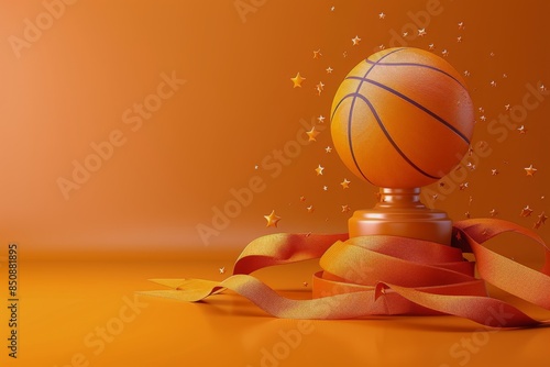 Basketball Championship Trophy With Orange Ribbon and Stars