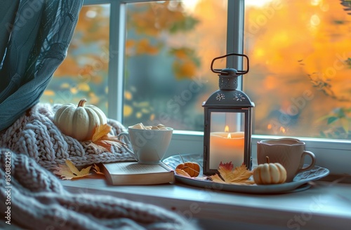 Cozy Autumn Windowsill With Steam, Candles, and a Cup of Tea