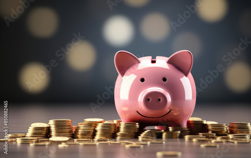 Prosperous Savings: Pink Piggy Bank on Coins Heap