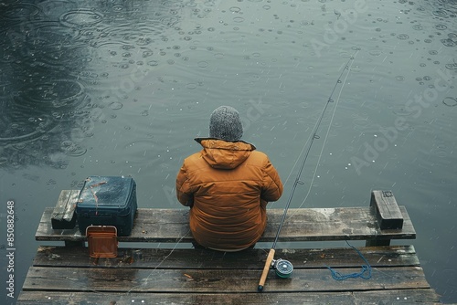 Angler Fishing on a Rainy Fall Day at a Lake
