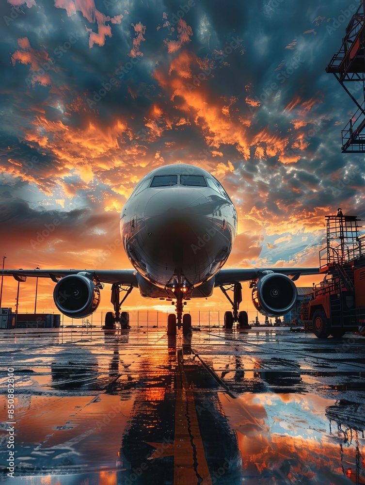 Airplane on runway at sunset with dramatic clouds Airplane on runway at sunset with dramatic clouds
