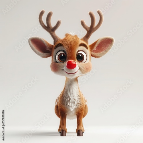 Cute 3D reindeer with red nose and antlers on white background, perfect for Christmas marketing