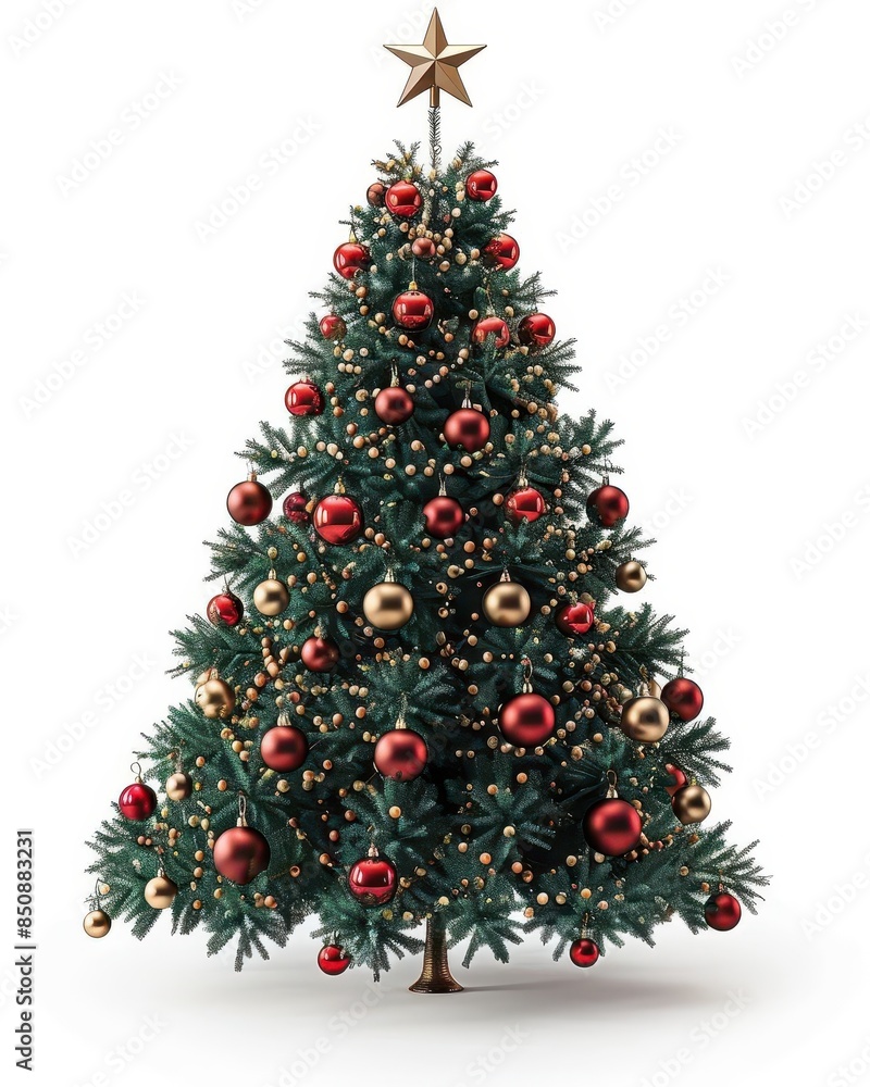 Festive 3D Christmas tree with ornaments and star on white background, perfect for holiday advertisements. Festive 3D Christmas tree with ornaments and star on white background, perfect for holiday advertisements.