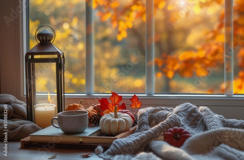 Cozy Autumn Windowsill With Steam, Candles, and a Cup of Tea