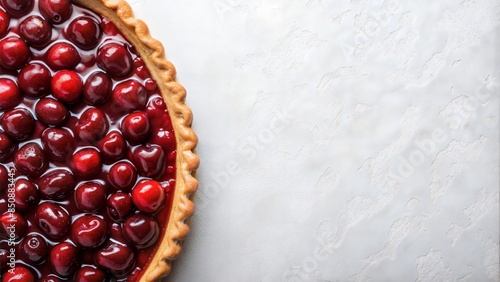 A cherry pie with a cherry filling sits on a white background with copy space. The pie is surrounded by cherries, and the cherries are in a sauce, creating a mouth-watering scene
