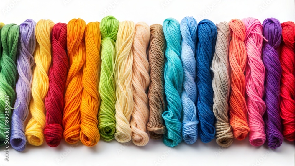 A row of colorful balls of yarn arranged on a white background with ...