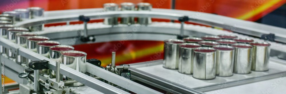Naklejka premium Canned food products on conveyor belt in distribution warehouse. parcels transportation system concept