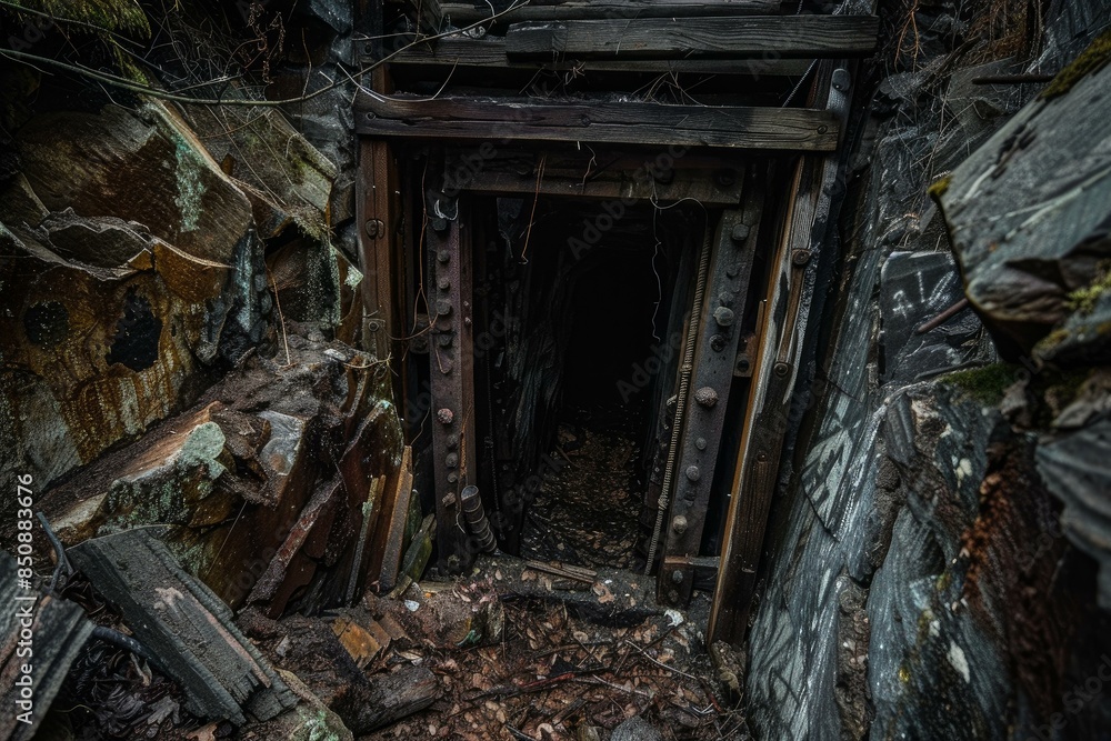 Obraz premium Forsaken mine entrance with dilapidated wooden beams set in a rugged landscape