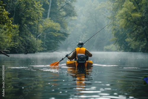 Man Kayaking on a Calm River Surrounded by Trees on a Sunny Day