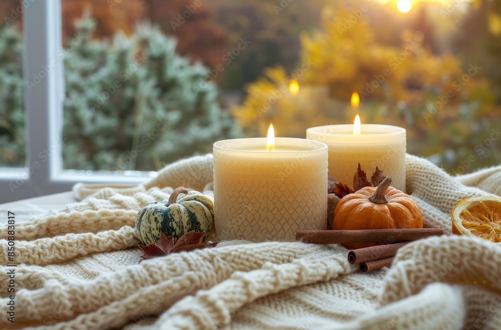 Autumnal Windowsill Decor With Pumpkins, Candles, and Cinnamon Sticks Autumnal Windowsill Decor With Pumpkins, Candles, and Cinnamon Sticks