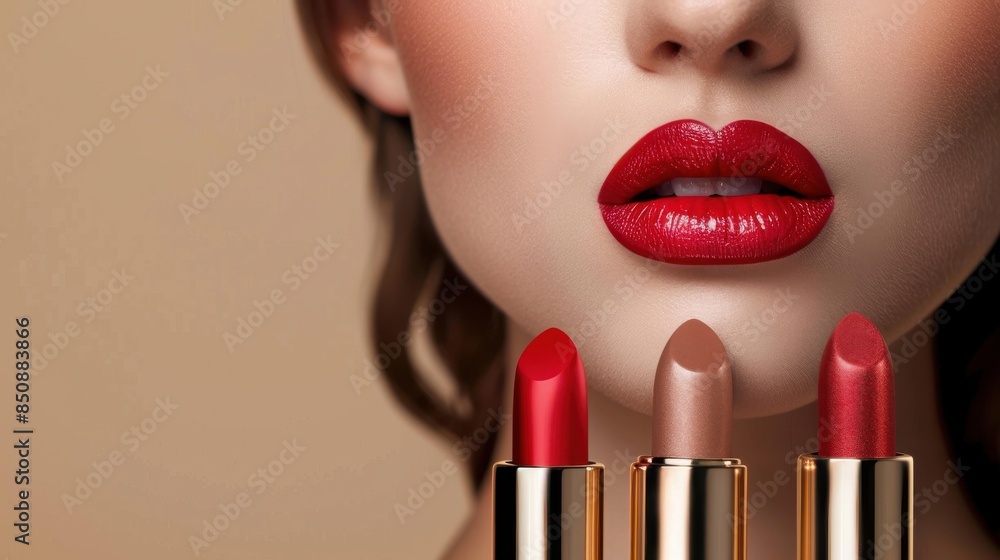 Obraz premium Two women with red lips and red lipstick