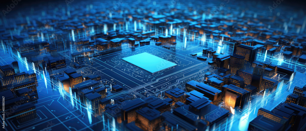 Obraz premium Futuristic Cyber Cityscape with Advanced Microchip