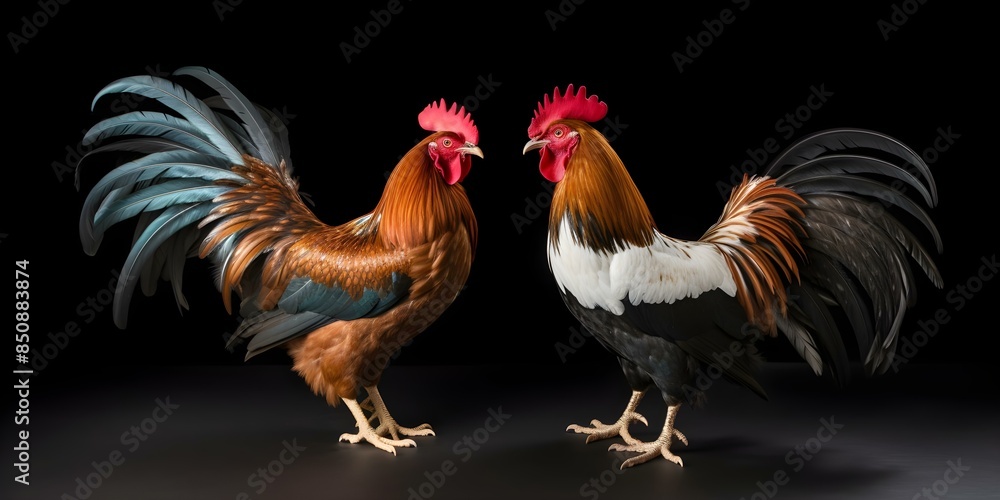 Two roosters duel in a white background in a beautiful display. Concept Animal Photography, Dueling Roosters, White Background, Beautiful Display Two roosters duel in a white background in a beautiful display. Concept Animal Photography, Dueling Roosters, White Background, Beautiful Display