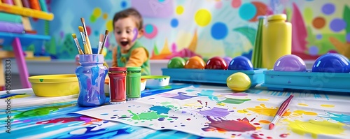 A child's art station with finger paints, brushes, and a large drawing paper, with colorful paint splatters and a beaming child in the background © Sky arts