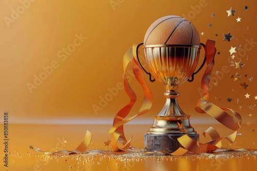 Basketball Championship Trophy With Orange Ribbon and Stars