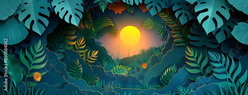 wide horizontal panoramic 3D forest background with green color tress plants and leaves, flat color illustration with paper cut effect and depth  