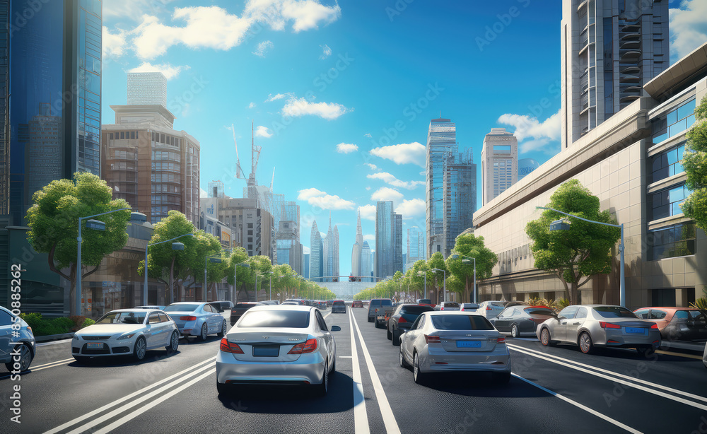 Obraz premium Bustling City Traffic on a Sunny Day