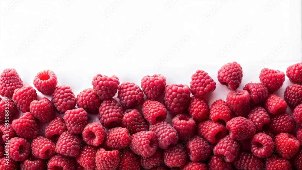 Horizontal image of a border made of fresh red raspberries in close-up ...