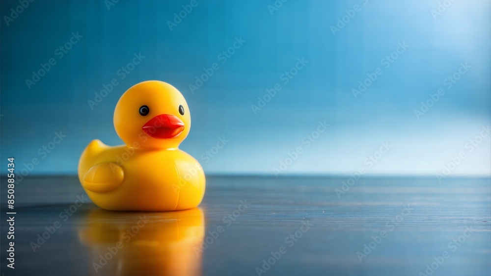 A yellow rubber duck with a red beak sitting on a wooden table, looking at the camera. The scene exudes calmness and serenity, simplicity, nostalgia, and innocence. Blue background with copy space A yellow rubber duck with a red beak sitting on a wooden table, looking at the camera. The scene exudes calmness and serenity, simplicity, nostalgia, and innocence. Blue background with copy space