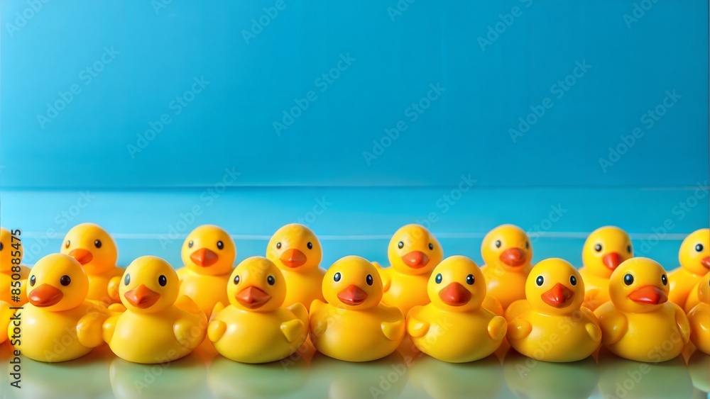A row of yellow rubber ducks lined up on a blue background with copy space. The ducks are uniformly sized and facing the same direction. a Simple scene, childhood, bath time, and playful themes A row of yellow rubber ducks lined up on a blue background with copy space. The ducks are uniformly sized and facing the same direction. a Simple scene, childhood, bath time, and playful themes