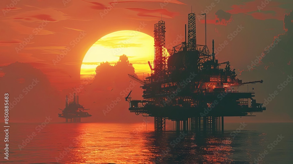 Silhouetted oil rig at sunset, with a large sun in the background. Silhouetted oil rig at sunset, with a large sun in the background.