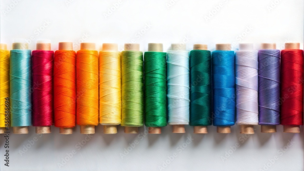 Row of colorful spools of thread lined up on a white background with copy space. The spools, in green, red, and yellow, convey a sense of creativity, craftsmanship, sewing, and DIY projects
Row of colorful spools of thread lined up on a white background with copy space. The spools, in green, red, and yellow, convey a sense of creativity, craftsmanship, sewing, and DIY projects