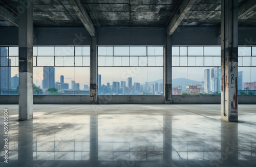Panoramic View of Urban Skyline from Empty Warehouse © evening_tao