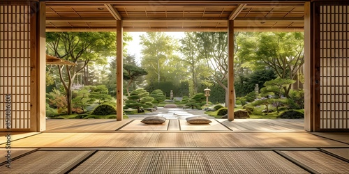 Japanese pavilion with tatami mats wooden design and garden view. Concept Japanese Architecture, Tatami Mats, Wooden Design, Garden View