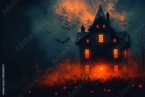 Haunted House Silhouette With Bats at Night photo