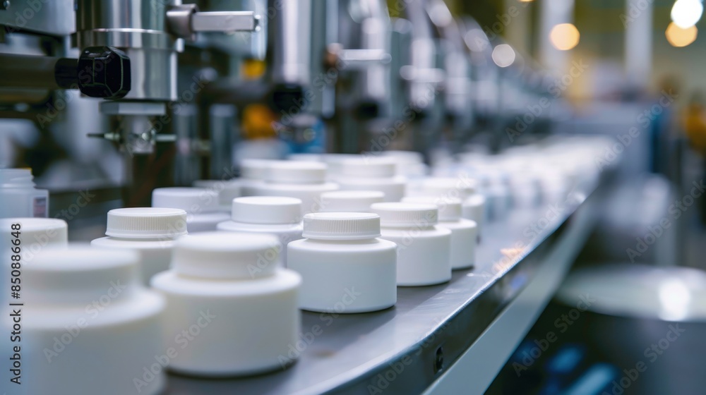A row of bottles of perfume are lined up on a conveyor belt A row of bottles of perfume are lined up on a conveyor belt