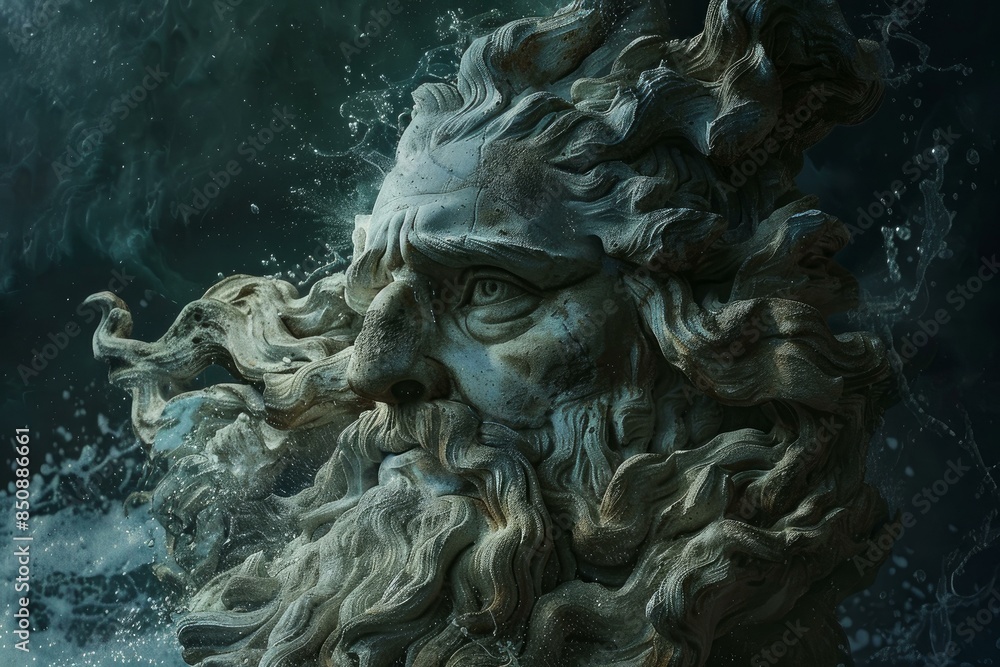 Digital artwork of a mythical sea god with intricate beard detailing and stormy ocean backdrop Digital artwork of a mythical sea god with intricate beard detailing and stormy ocean backdrop