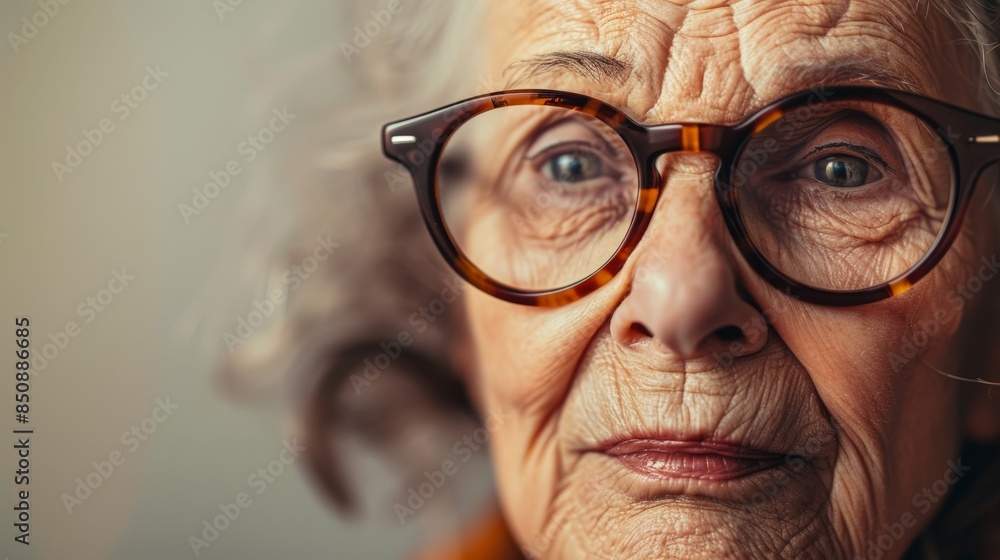 Elderly womans face shows age and wisdom with wrinkles Elderly womans face shows age and wisdom with wrinkles