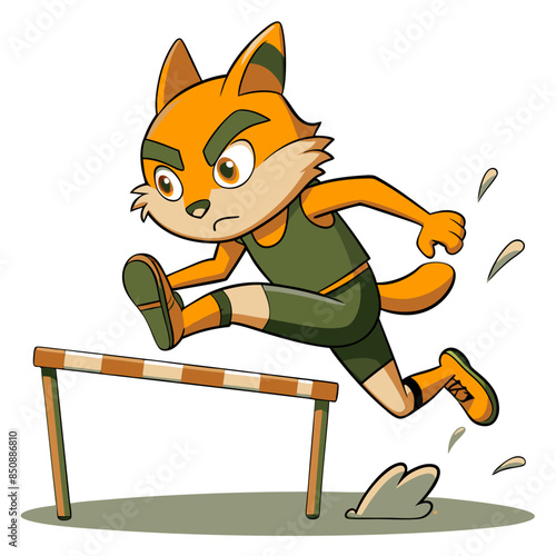 anime cat athlete, mid-jump over a hurdle with an intense, determined expression and sweat droplets flying