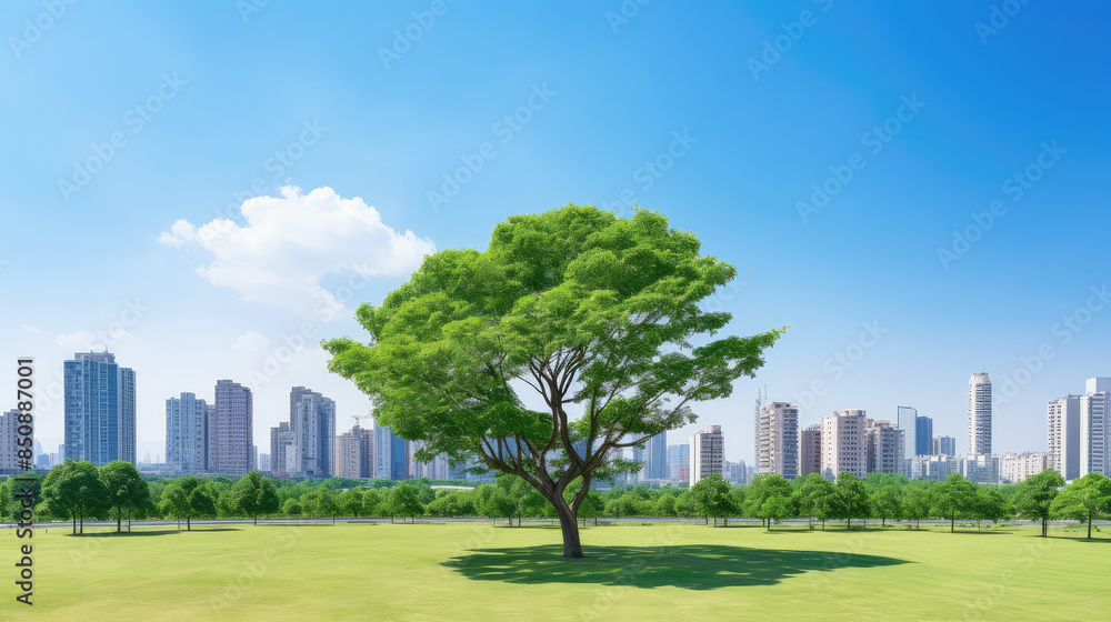 Fototapeta premium Lush Tree Against Modern Cityscape