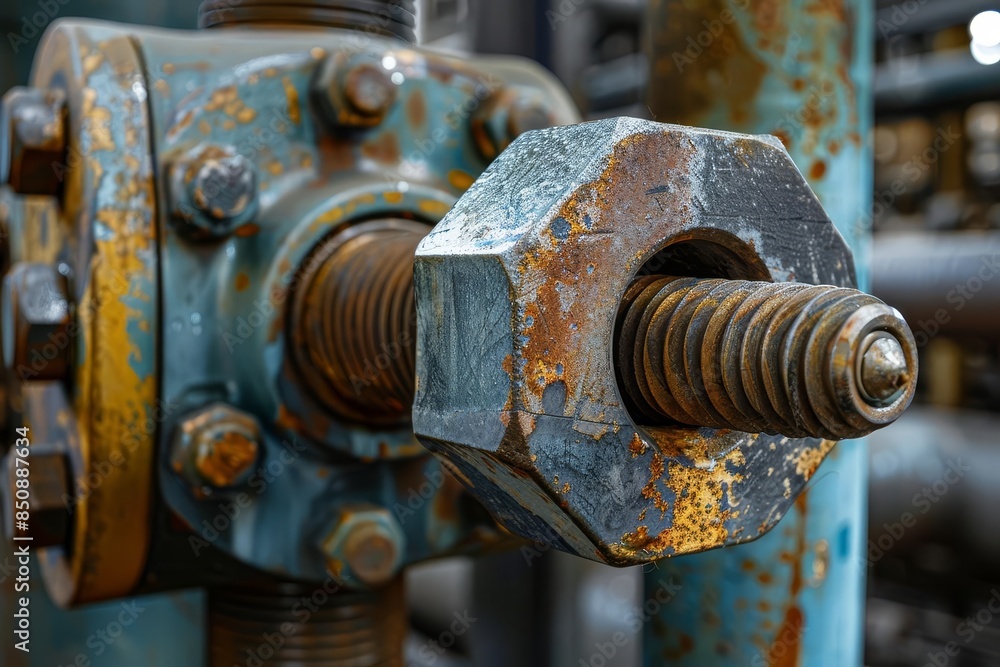 Closeup of a rusty bolt and nut on an industrial machine Closeup of a rusty bolt and nut on an industrial machine