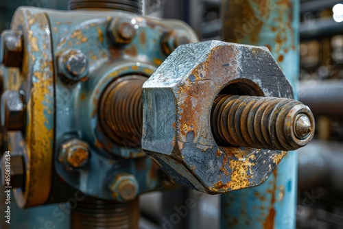 Closeup of a rusty bolt and nut on an industrial machine
