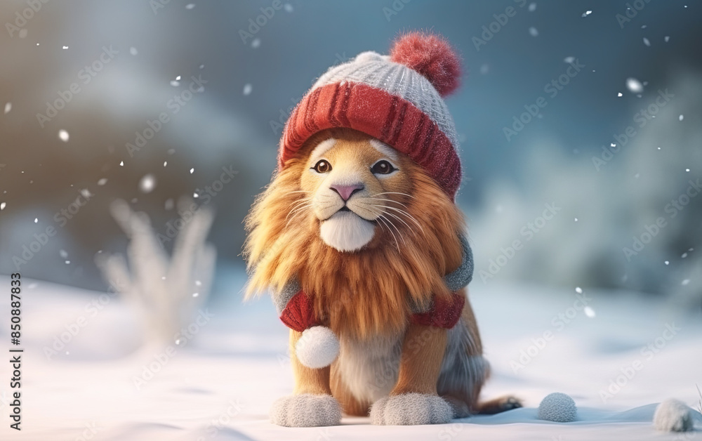 a lion wearing a red hat and scarf a lion wearing a red hat and scarf
