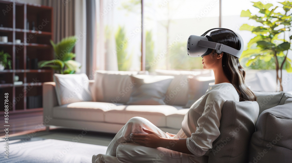 Woman using VR in bright living room Woman using VR in bright living room