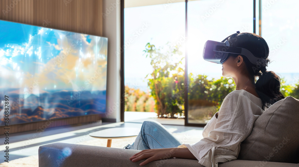 Relaxing VR session in a room with a vibrant screen Relaxing VR session in a room with a vibrant screen