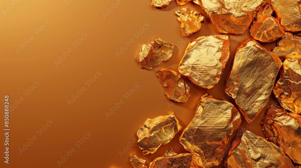 A close-up view of fragmented gold pieces arranged on a textured, orange surface A close-up view of fragmented gold pieces arranged on a textured, orange surface