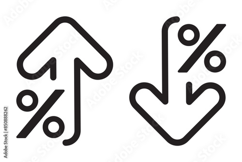 Percent up and down arrow icon set isolated on white background flat vector illustration. Percentage growth and decline icons. Percent arrow up and down flat and line style symbols.